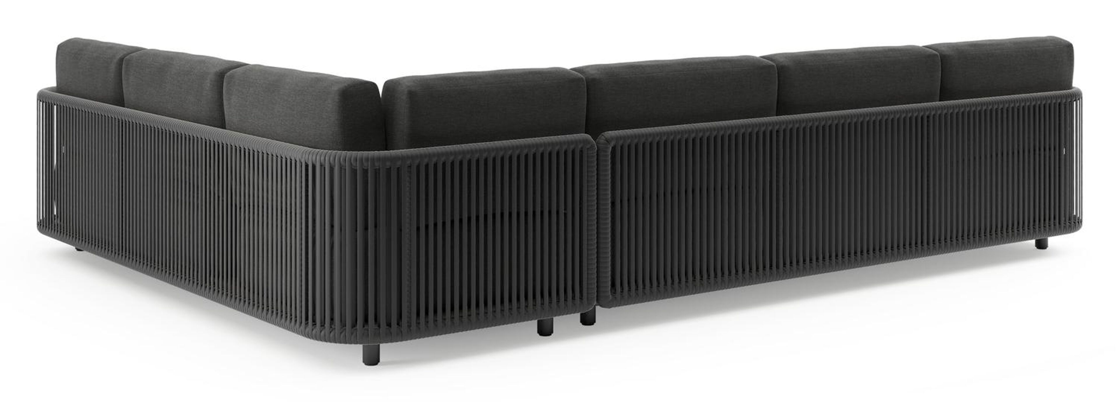 Organo loungehoek in zwart aluminium en zwart verticaal geweven luxe vlakke rope met chartres sooty all weather sunbrella® luxe kussens