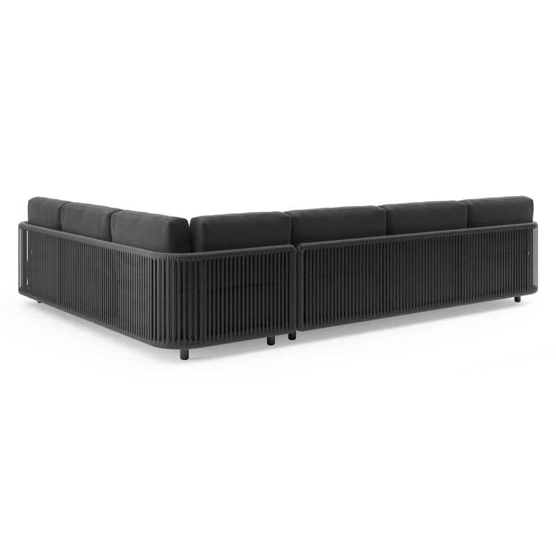 Organo loungehoek in zwart aluminium en zwart verticaal geweven luxe vlakke rope met chartres sooty all weather sunbrella® luxe kussens