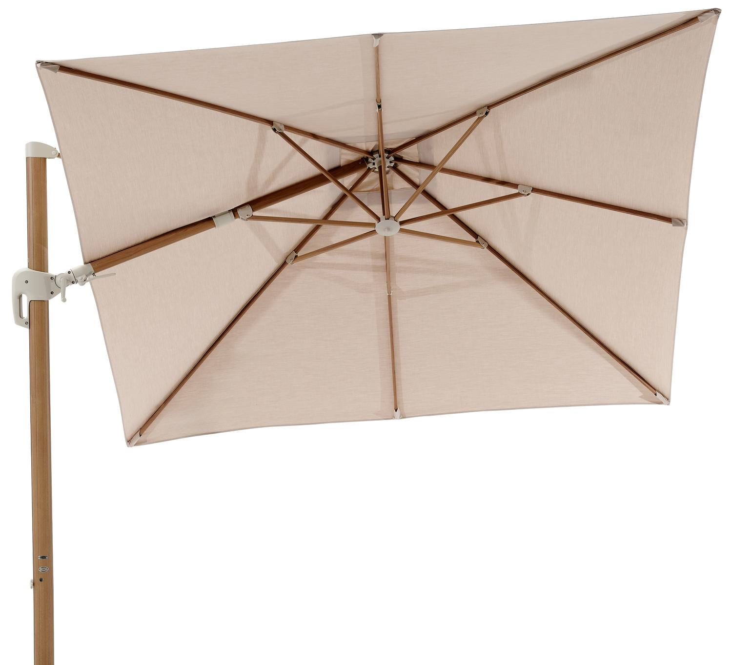 Rufina zweefparasol met tiltfunctie in houtlook met beige all weather sunbrella® premium parasoldoek - L1 300 x L2 300 cm (zonder voet)