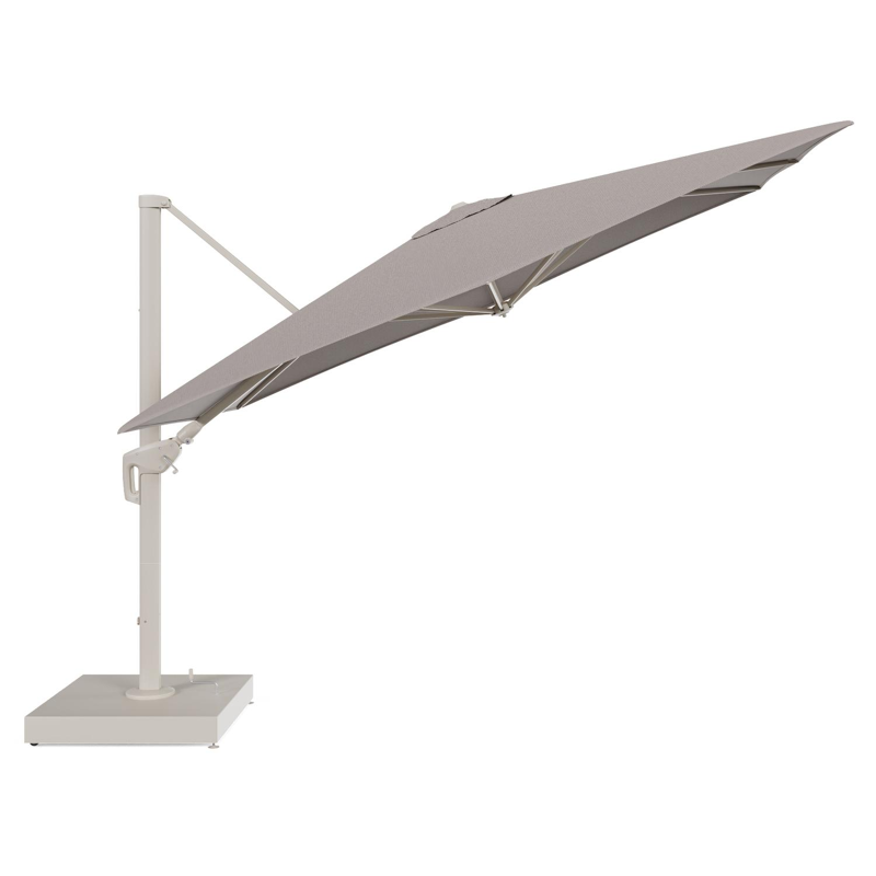 Minore zweefparasol met tiltfunctie in beige aluminium en Lopi Pepper All Weather Sunbrella® Luxe parasoldoek - L1 280 x L2 370 cm met parasolvoet Minore 260 kg met wielen
