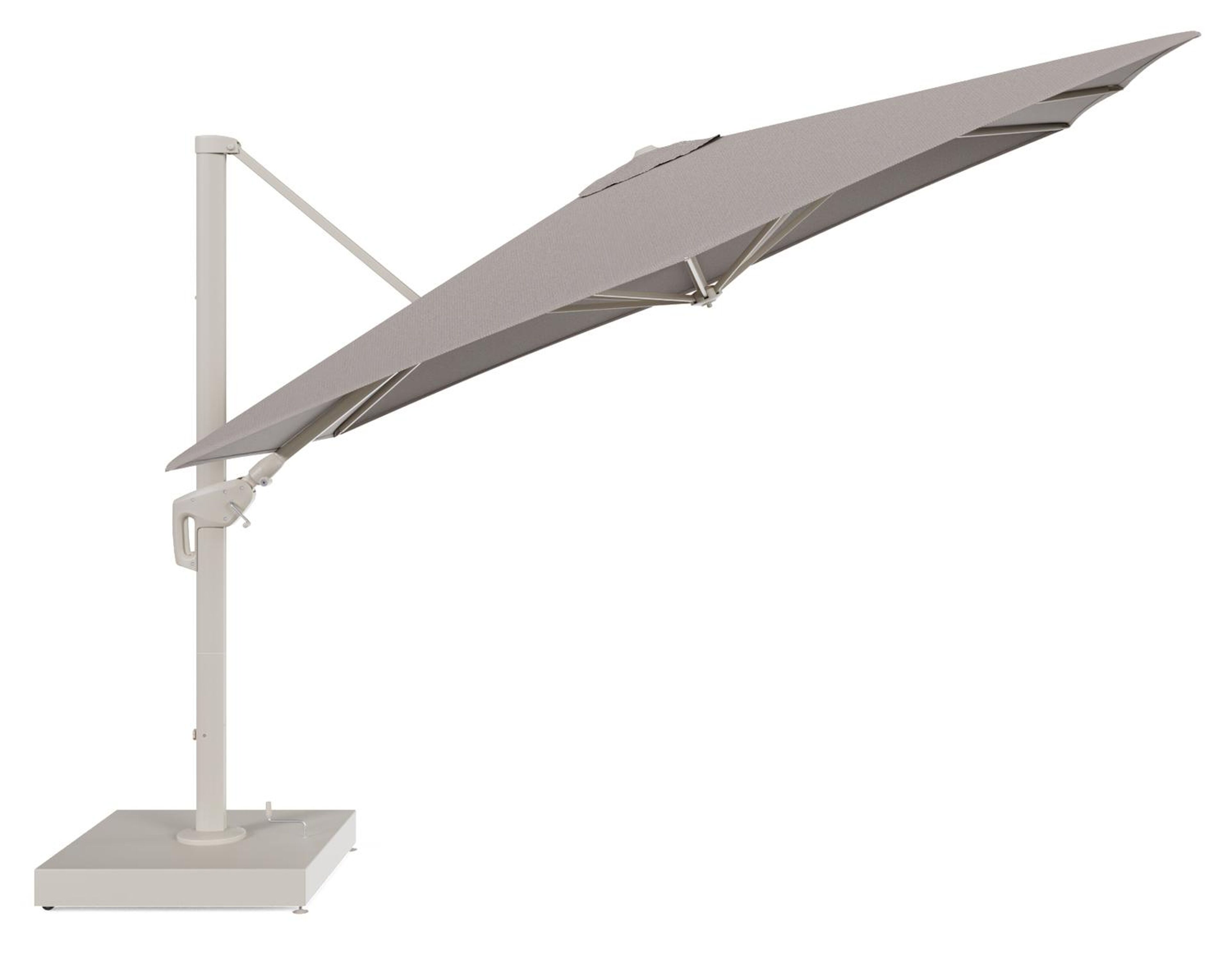Minore zweefparasol met tiltfunctie in beige aluminium en Lopi Pepper All Weather Sunbrella® Luxe parasoldoek - L1 280 x L2 370 cm met parasolvoet Minore 260 kg met wielen