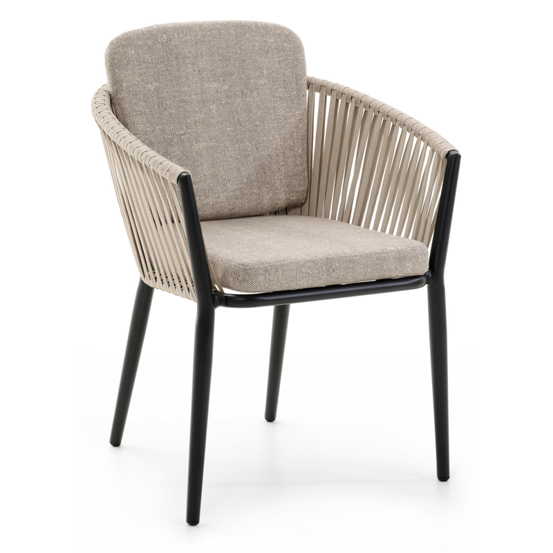 Orso tuinstoel in zwart aluminium en beige verticaal geweven rope met kussen in chartres pewter all weather sunbrella® luxe