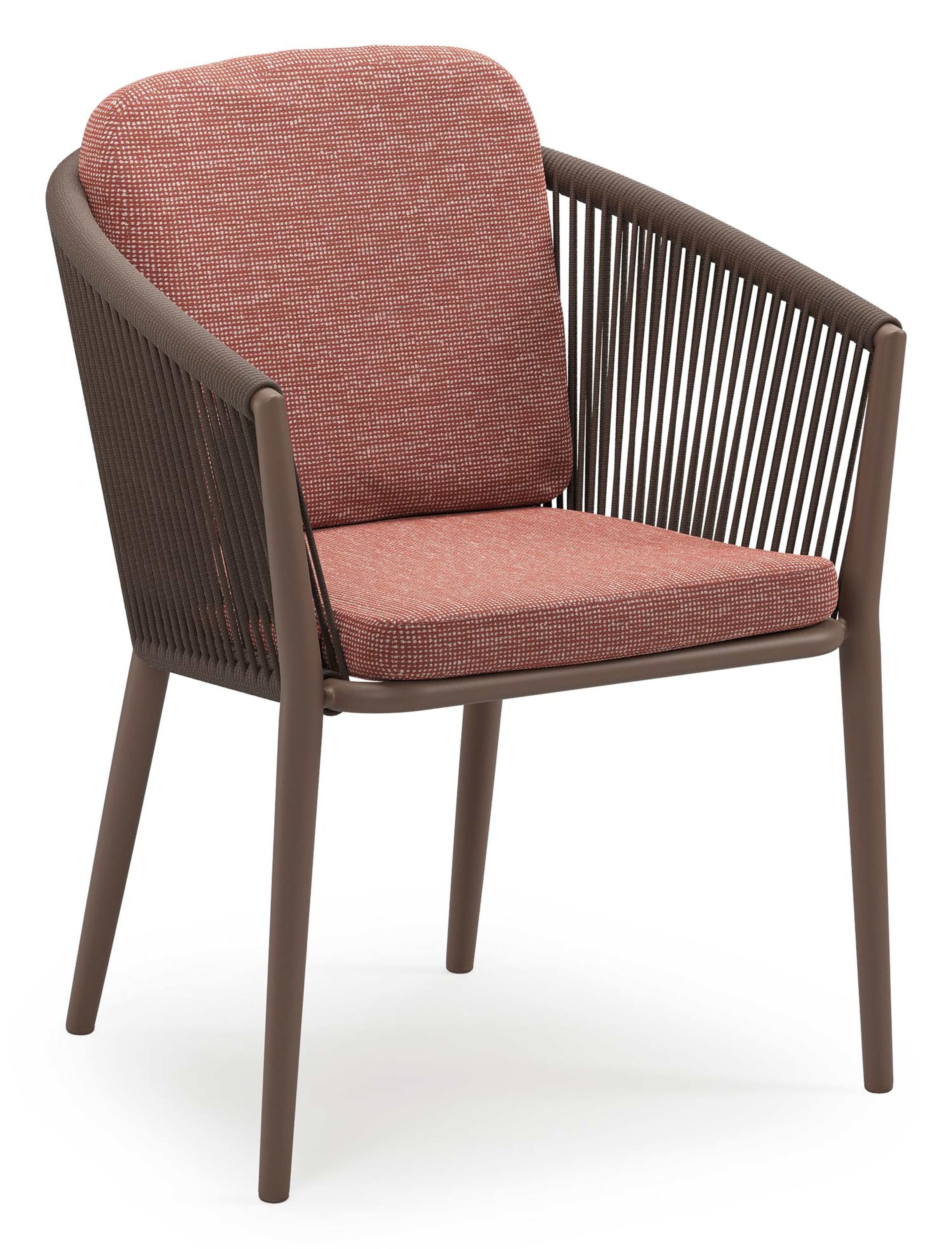 Orso stapelbare tuinstoel in taupe aluminium en taupe verticaal geweven ronde rope met stoelkussen in All Weather Sunbrella® Luxe Slow Alezan