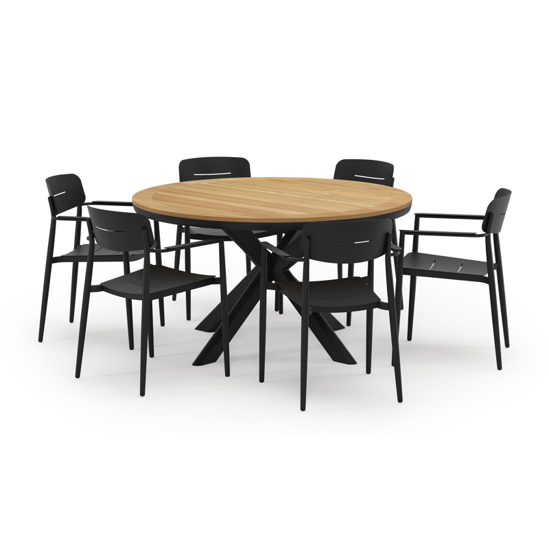 Pamplona ronde tuinset in zwart aluminium en teak naturel met 6 Cosa tuinstoelen