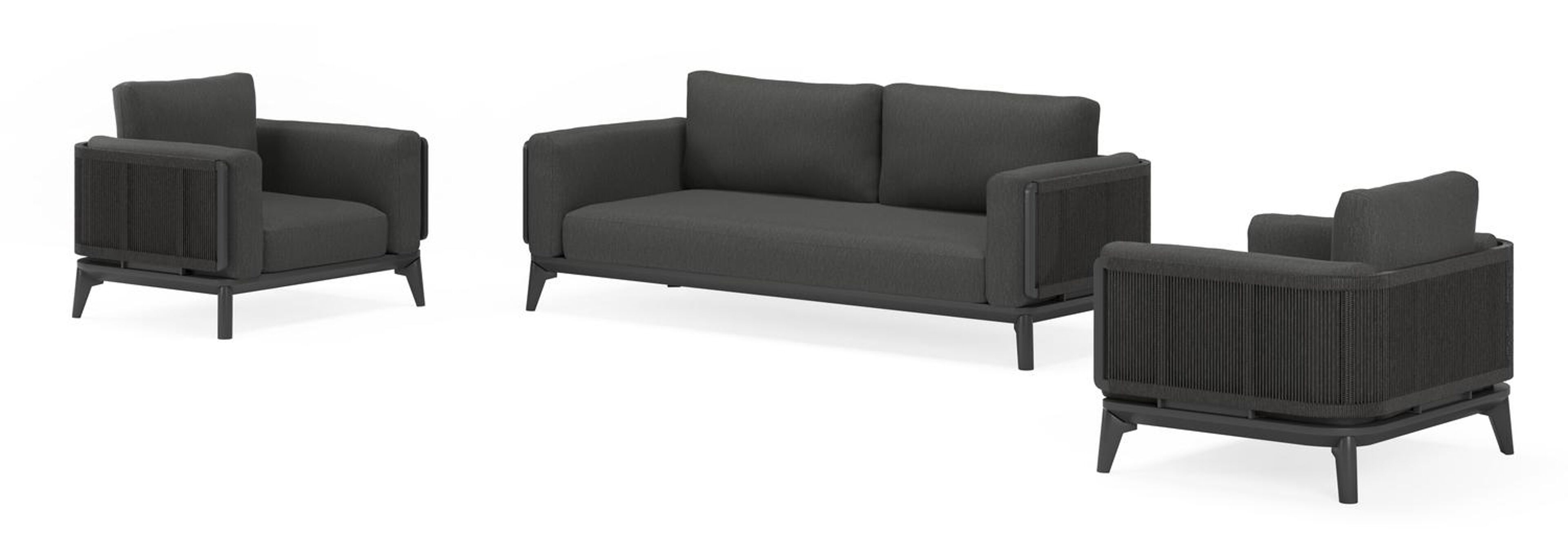 Mosa loungeset in zwart aluminium en zwart gedraaide ronde wicker met sky black weather+ softtouch kussens