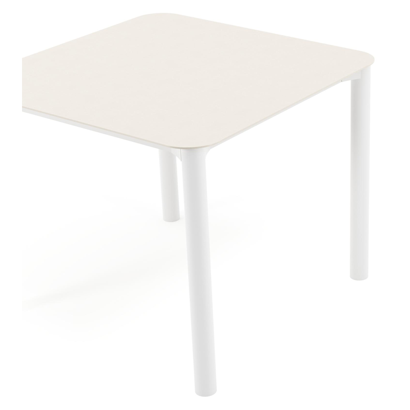 Table de jardin Orso carré arrondi en aluminium blanc et céramique pleine beige - Lg. 90 x Lrg. 90 x Haut. 75 cm