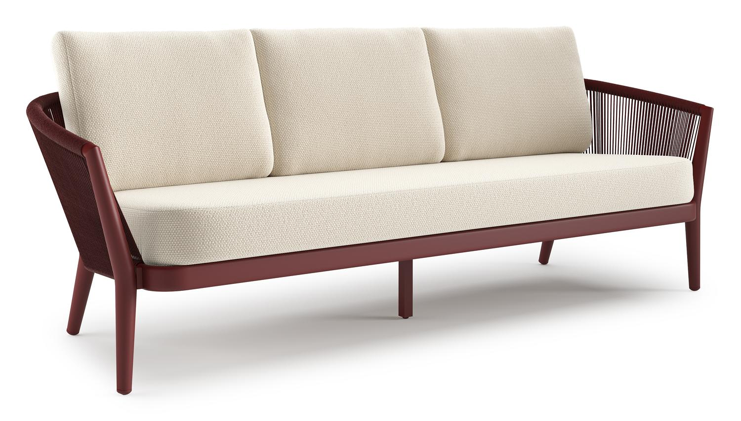 Orso loungebank in ruby aluminium en ruby verticaal geweven ronde rope met Althea Off White all weather cosytica kussen