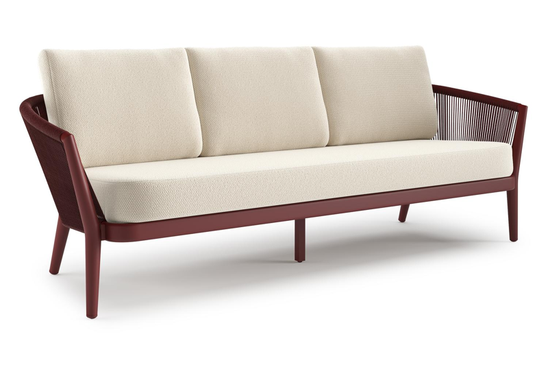 Orso loungebank in ruby aluminium en ruby verticaal geweven ronde rope met Althea Off White all weather cosytica kussen