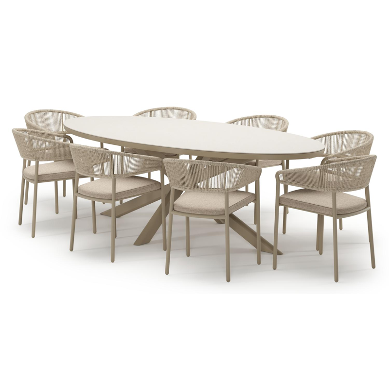 Ensemble de jardin Pamplona en aluminium beige et sintered stone crema minerale avec 8 chaises de jardin empilable Zamora