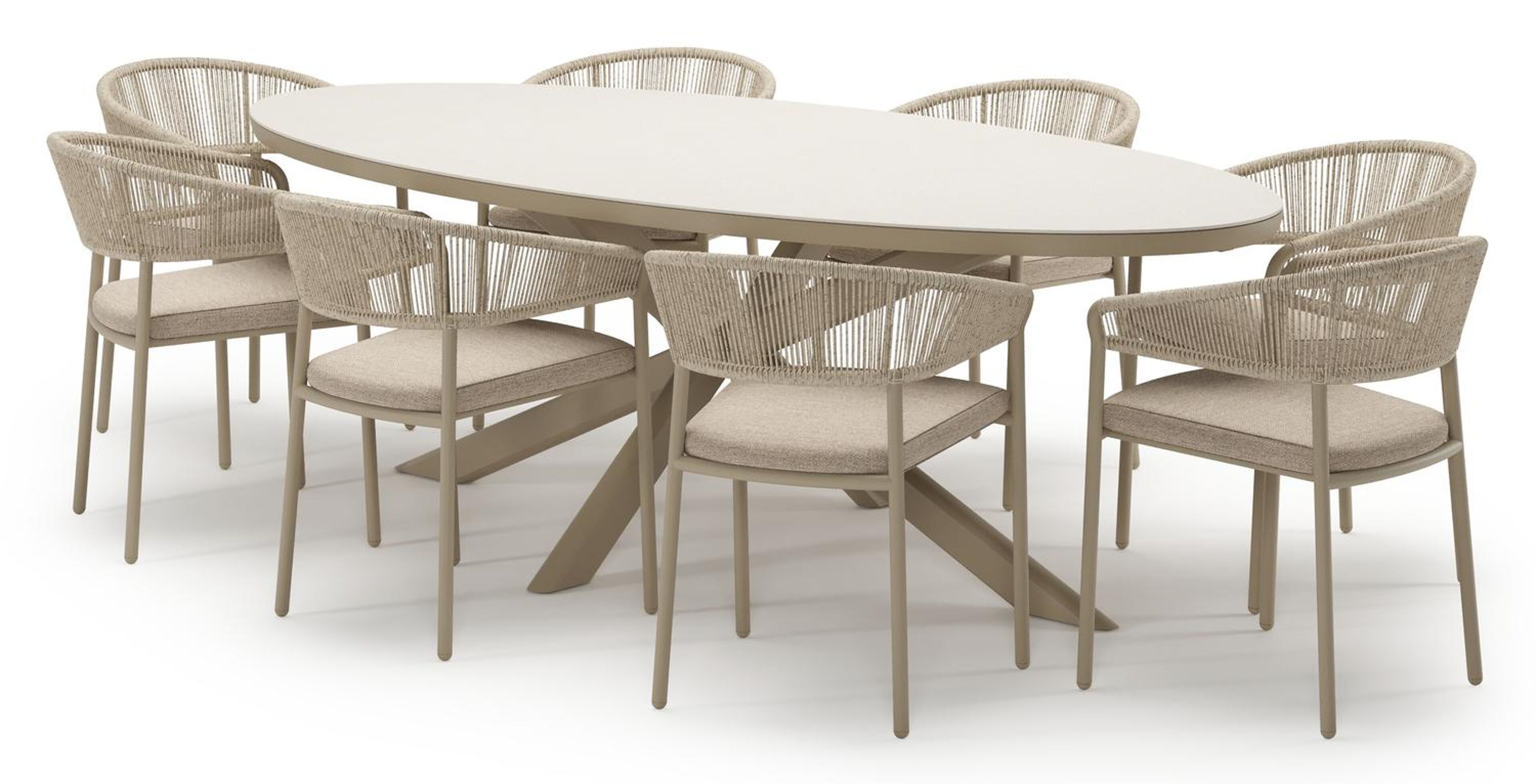 Ensemble de jardin Pamplona en aluminium beige et sintered stone crema minerale avec 8 chaises de jardin empilable Zamora