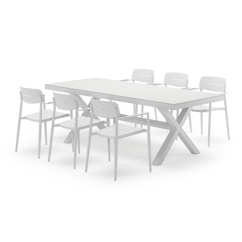 Reza rechthoekige tuinset in wit aluminium en sintered stone topo minerale met 6 Cosa tuinstoelen
