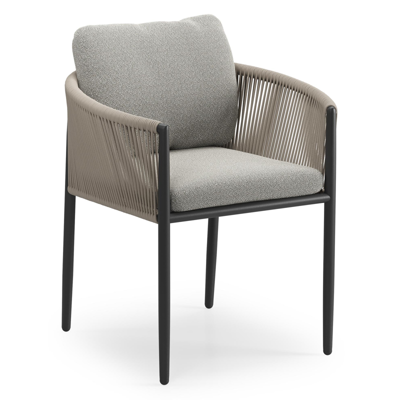 Organo tuinstoel in zwart aluminium en zwart verticaal geweven ronde rope met stoelkussen in All Weather Sunbrella® Luxe Savane Tunder