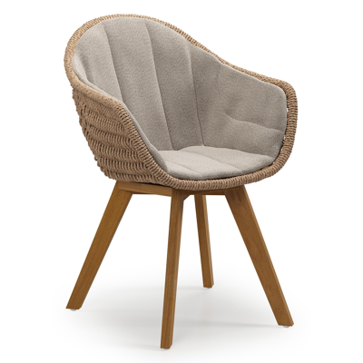 Chaise de jardin Pagino en teck naturel et résine tressée ronde naturel avec coussin en All Weather Sunbrella® Luxe Savane Coconut