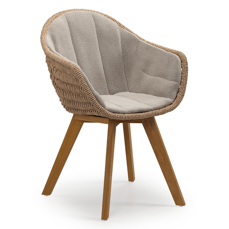 Pagino tuinstoel in teak en naturel ronde wicker met zitkussen in All Weather Sunbrella® Luxe Savane Coconut