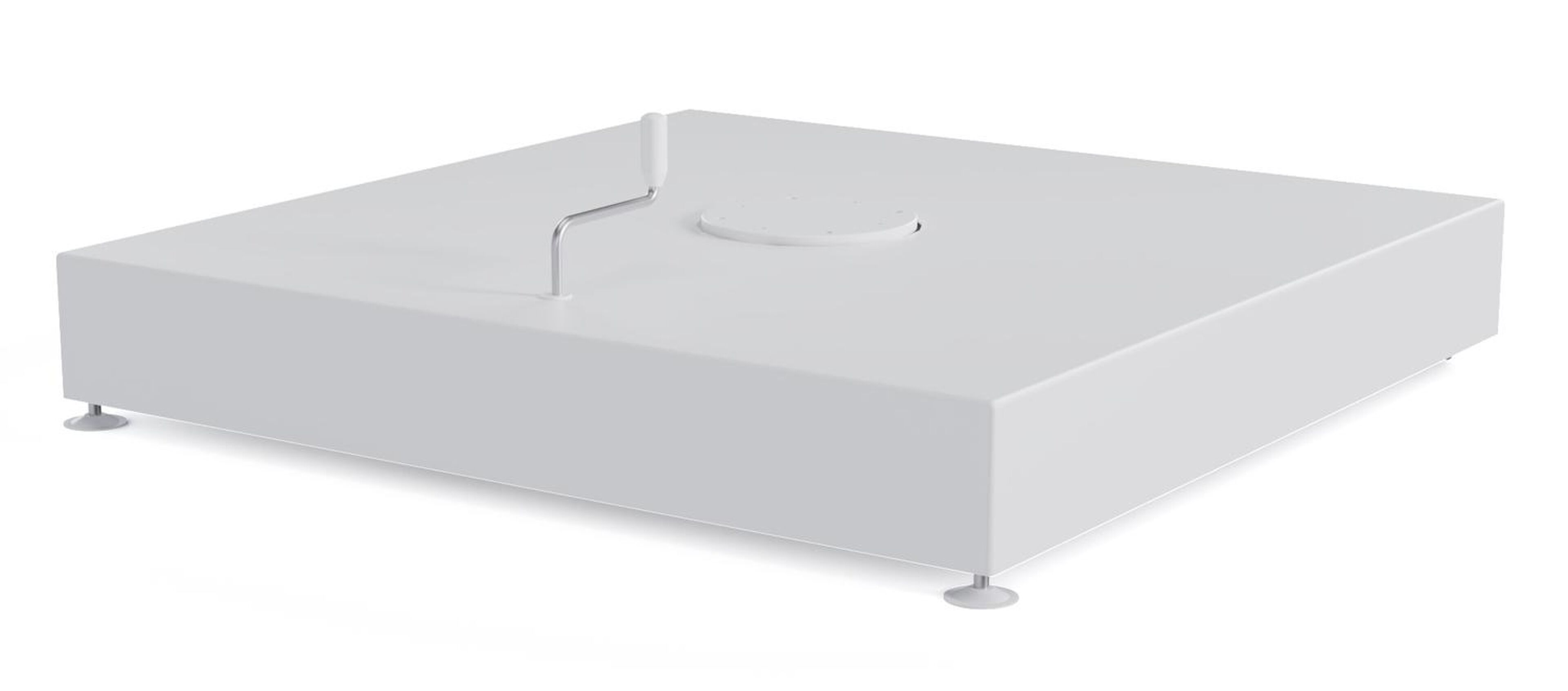 Minore zweefparasol met tiltfunctie in wit aluminium en All Weather Sunbrella Luxe Savane Nimbus - L1 400 x L2 300 cm met parasolvoet Minore 260 kg met wielen