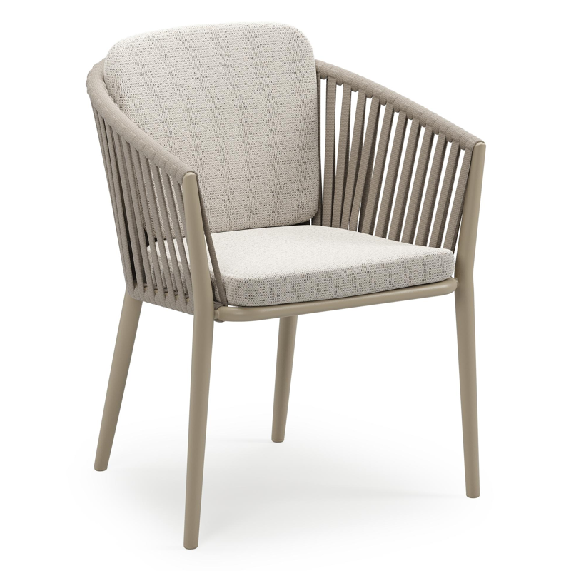 Chaise de jardin empilable Orso en aluminium beige et corde large plate de luxe tissée verticalement beige avec coussin en All Weather Solica Firenze Natural