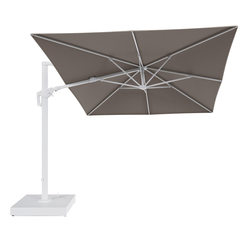Parasol pendant Minore avec fonction tilt en aluminium blanc et toile de parasol All Weather Solica Firenze Earth - Lg.1 400 x Lg.2 300 cm avec pied de parasol Minore 260 kg avec roulettes