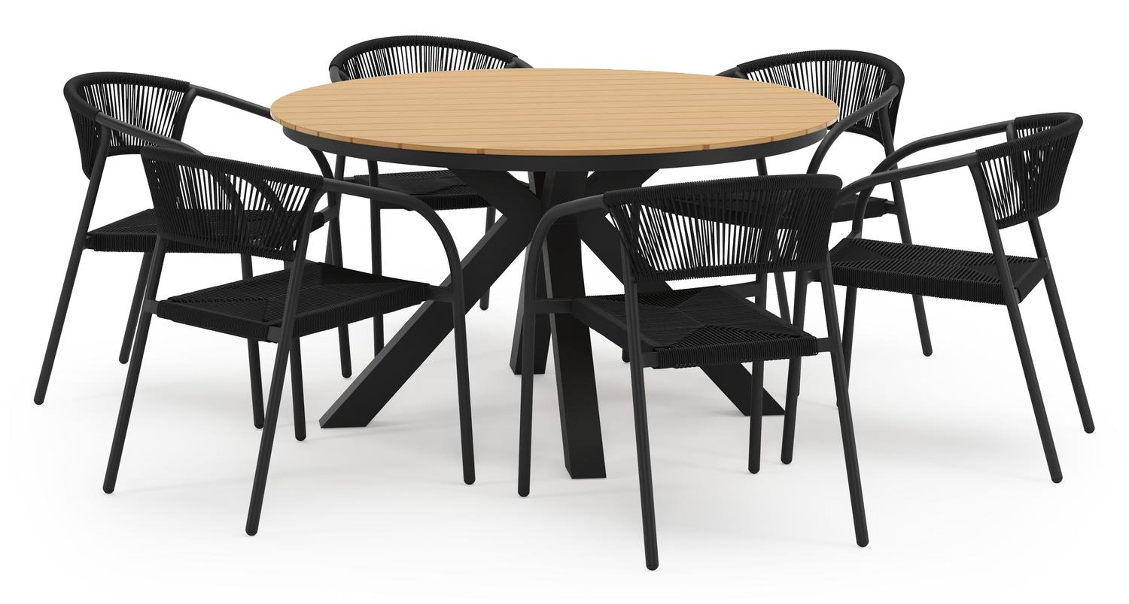 Tora tuinset in zwart aluminium en polywood met 6 stapelbare Melo tuinstoelen