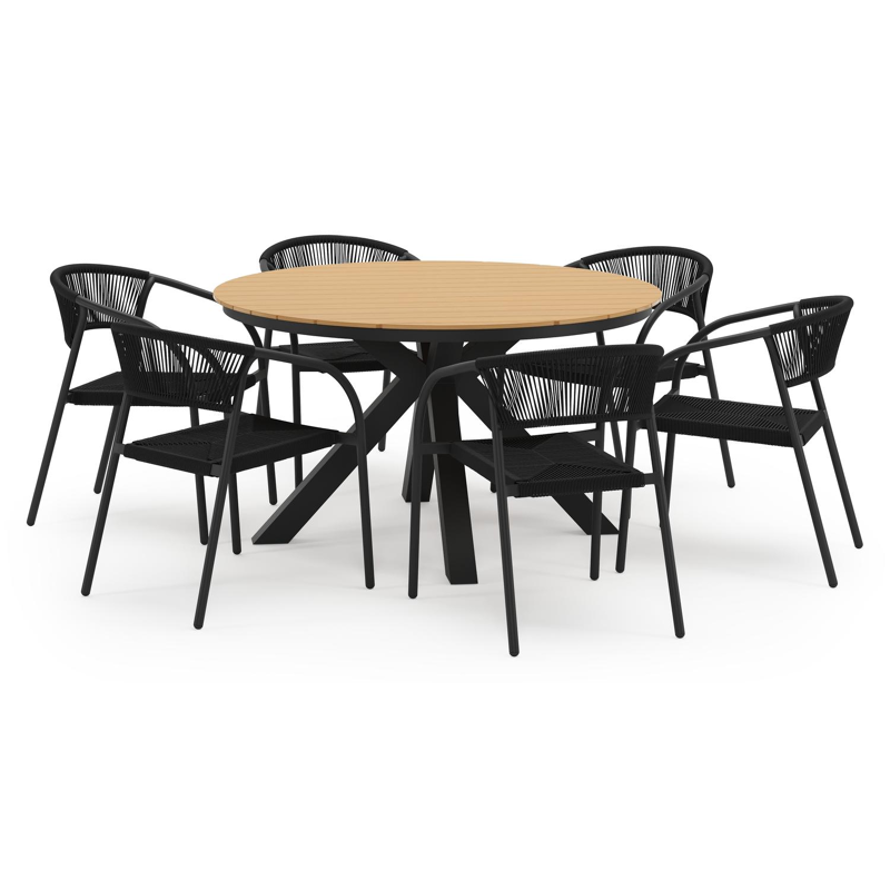 Tora tuinset in zwart aluminium en polywood met 6 stapelbare Melo tuinstoelen