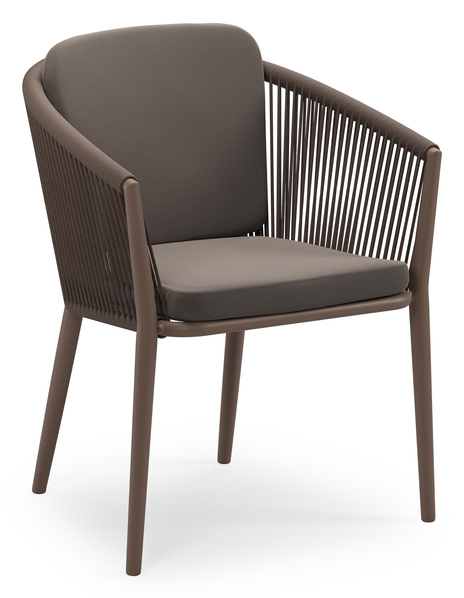 Orso stapelbare tuinstoel in taupe aluminium en taupe verticaal geweven ronde rope met stoelkussen in All Weather Sunbrella® Luxe Natte Nature Grey