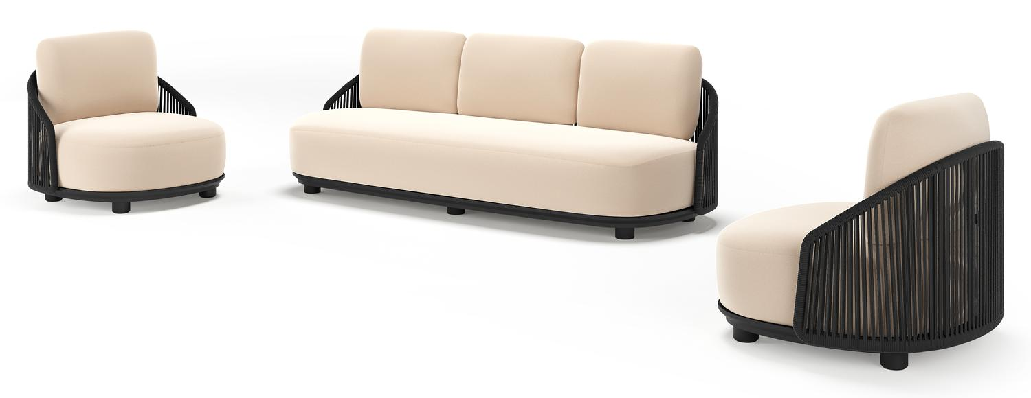 Vadelo loungeset in zwart aluminium en zwart verticaal geweven ronde rope met natte linen chalk all weather sunbrella® luxe kussen