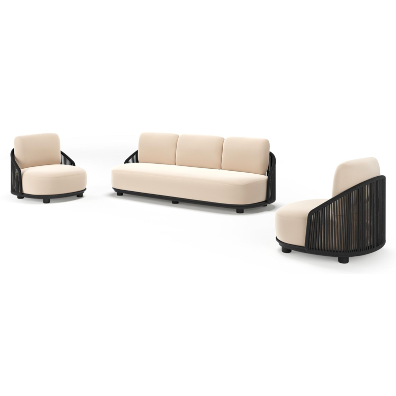 Salon de jardin Vadelo en aluminium noir et corde ronde tissée verticalement noir et coussins en all weather sunbrella® luxe natte linen chalk