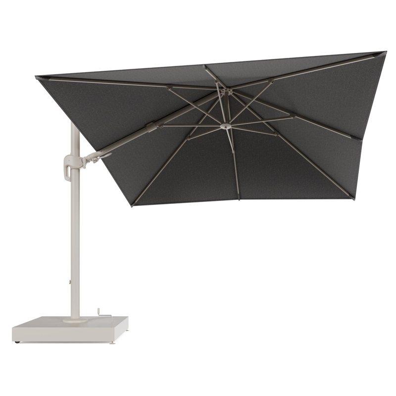 Rufina zweefparasol met tiltfunctie in beige aluminium en Chartres Drizzle All Weather Sunbrella® Luxe parasoldoek - L1 300 x L2 300 cm met parasolvoet Minore 260 kg met wielen
