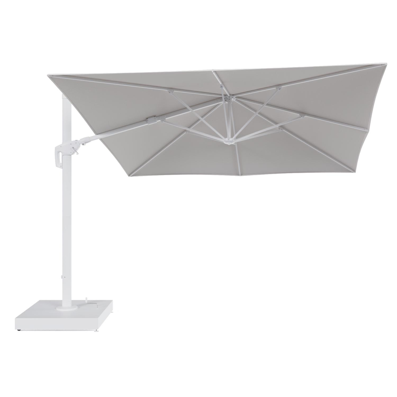 Minore zweefparasol met tiltfunctie in wit aluminium en Ego Eggshell All Weather Solica parasoldoek - L1 350 x L2: 350 cm met parasolvoet Minore 260 kg met wielen