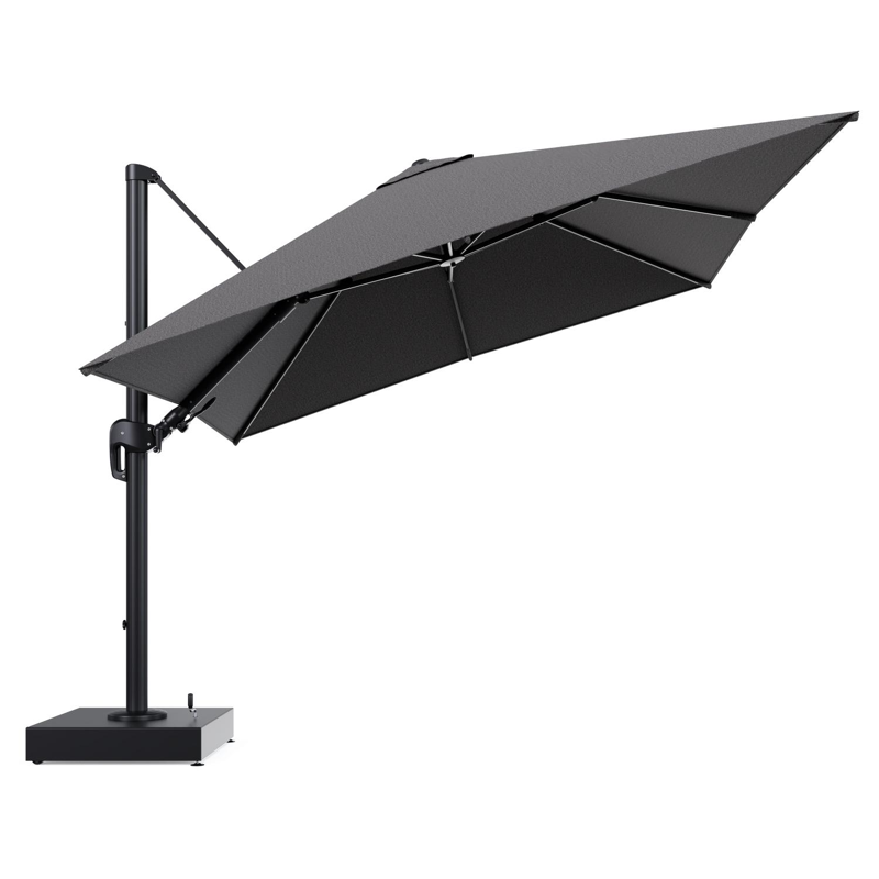 Rufina zweefparasol met tiltfunctie in zwart aluminium en Firenze Tunder All Weather Solica parasoldoek - L1 300 x L2 300 cm met parasolvoet Minore 150 kg met wielen