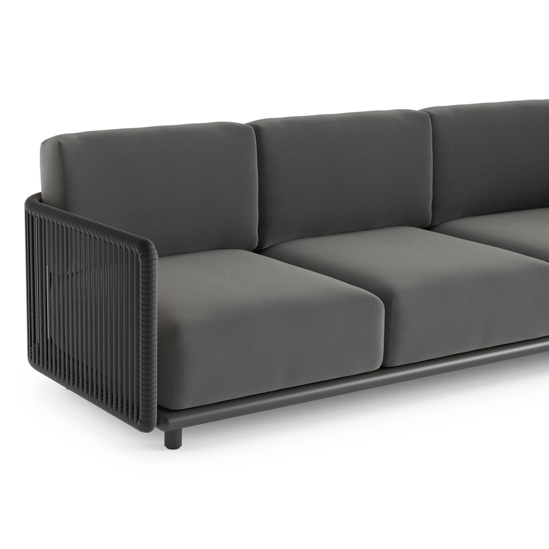 Organo loungehoek in zwart aluminium en zwart verticaal geweven luxe vlakke rope met natte charcoal chine all weather Sunbrella® luxe kussen