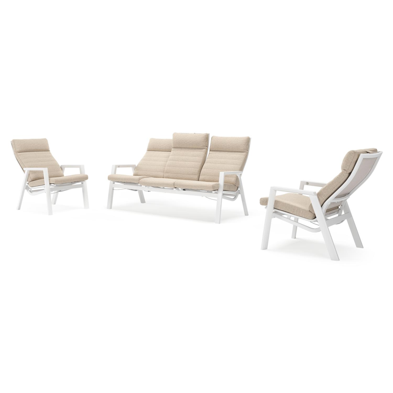Salon de jardin Prato en aluminium blanc et aluminium beige et coussins en Weather+ Softtouch beige