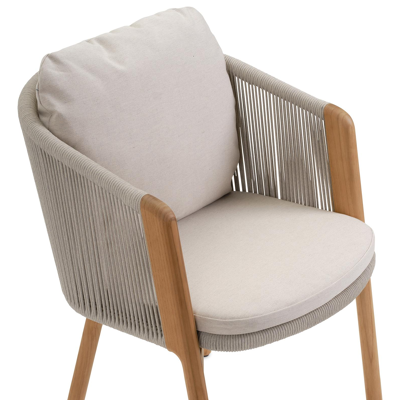 Gardo tuinstoel in teak en beige verticaal geweven ronde rope met kussen in heritage papyrus all weather sunbrella® luxe