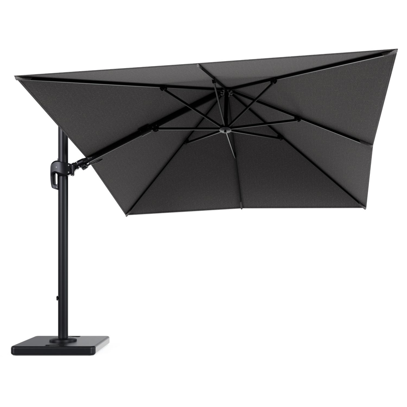 Rufina zweefparasol tiltfunctie in zwart aluminium en parasoldoek in All Weather Sunbrella® Luxe Chartres Drizzle - L1 300 x L2 300 cm met parasolvoet Lapido 120 kg