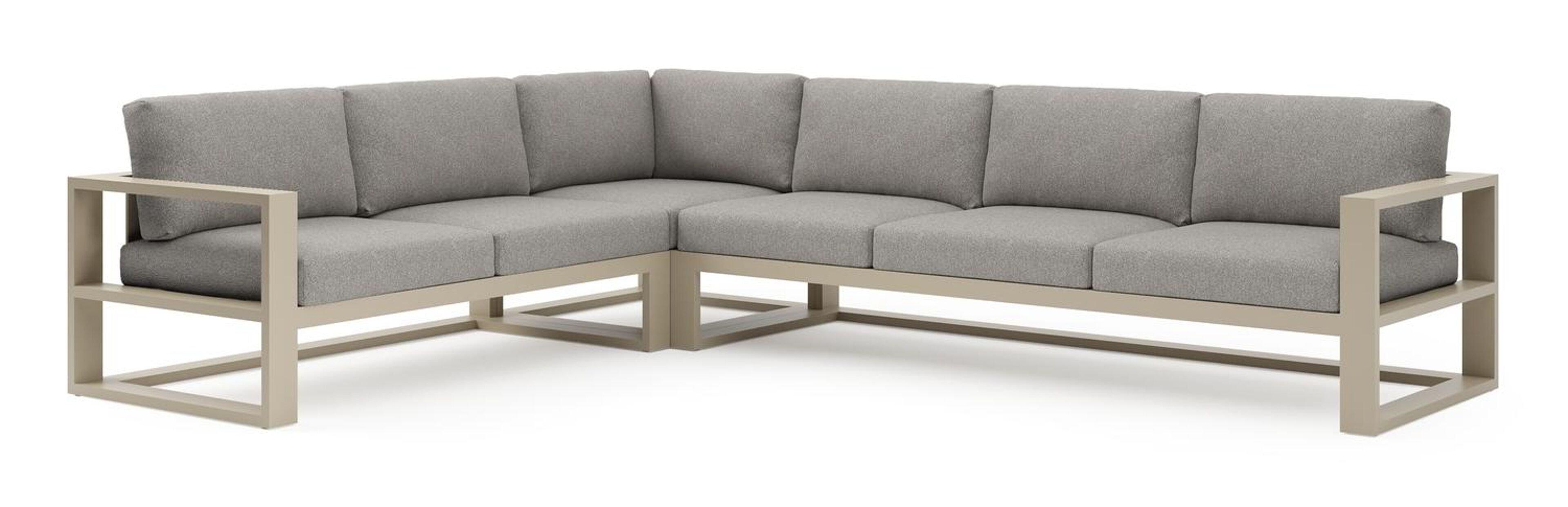 Verato loungehoek in beige aluminium met tundra charcoal all weather sunbrella® luxe kussen