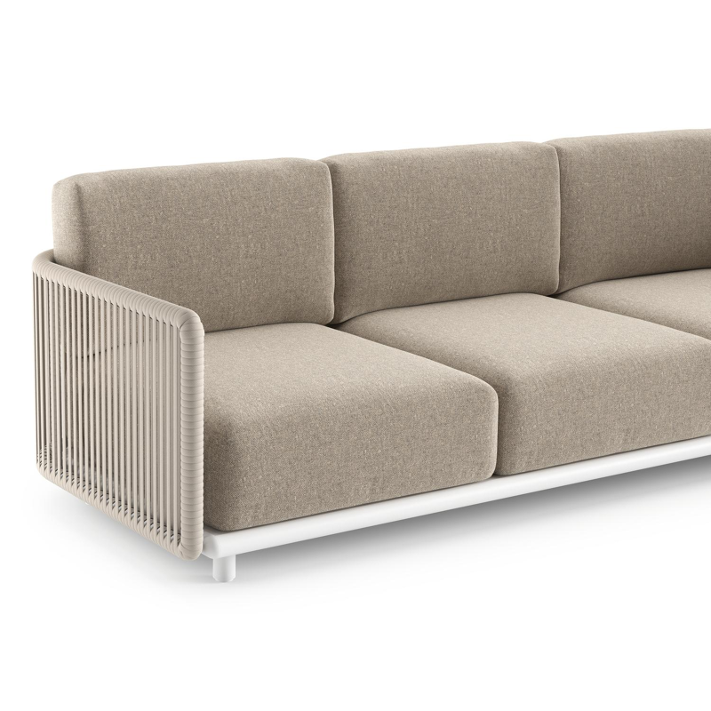 Organo loungehoek in wit aluminium en beige verticaal geweven luxe vlakke rope met chartres pewter all weather sunbrella® luxe kussens