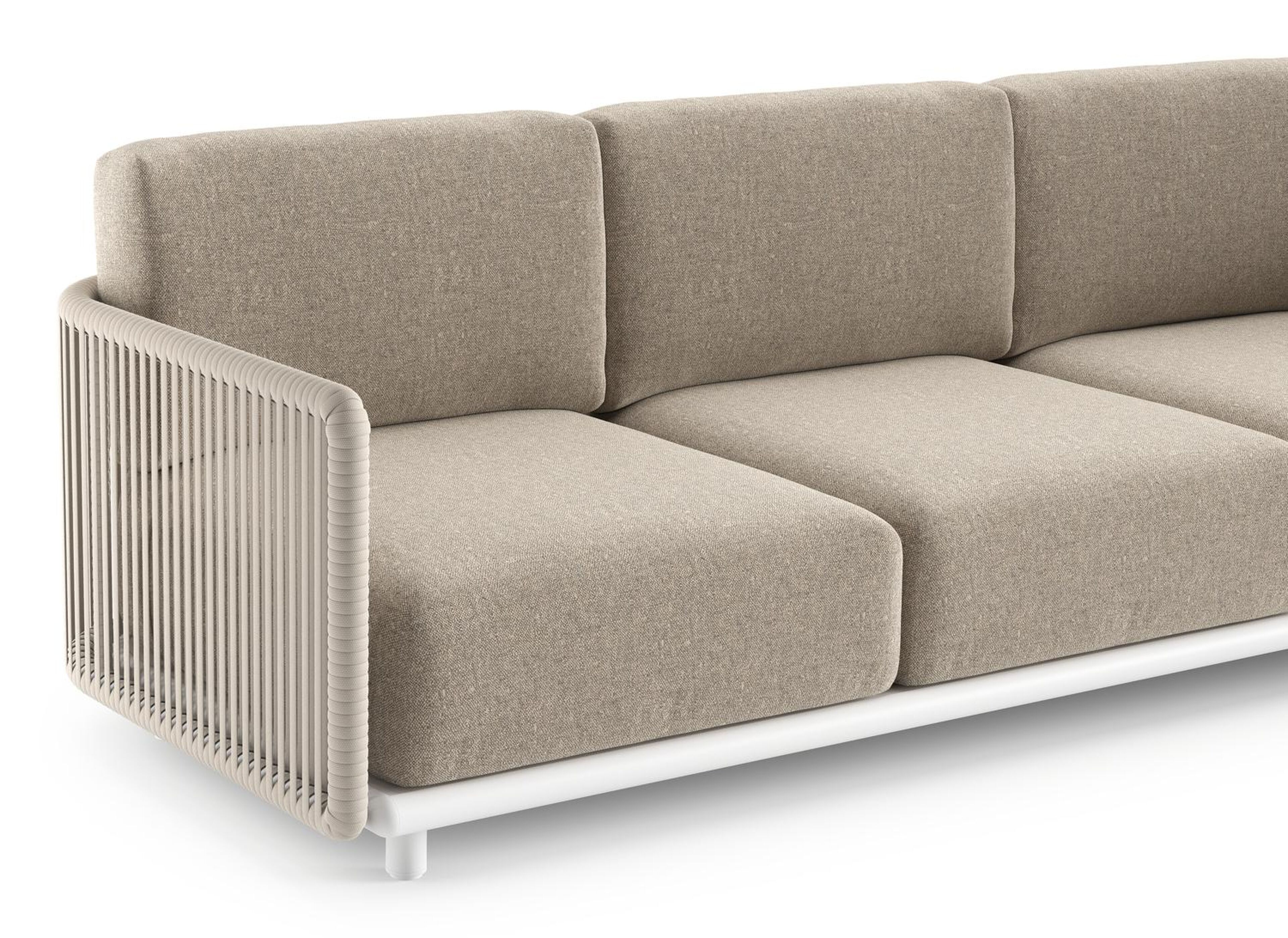 Organo loungehoek in wit aluminium en beige verticaal geweven luxe vlakke rope met chartres pewter all weather sunbrella® luxe kussens