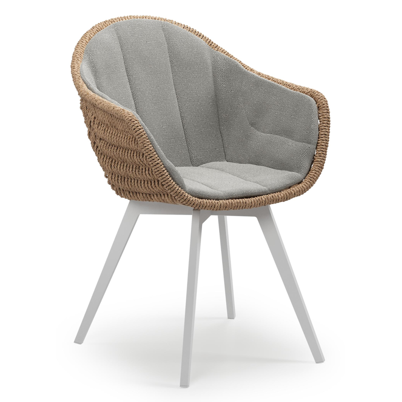 Pagino tuinstoel in wit aluminium en naturel ronde wicker met zitkussen in All Weather Sunbrella® Luxe Savane Zinc