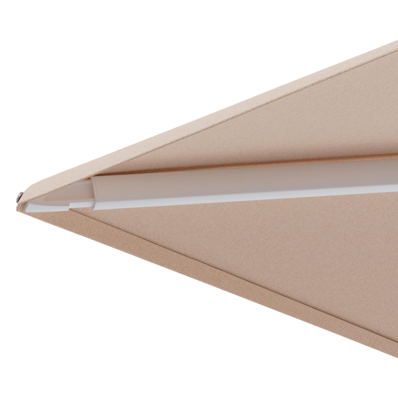 Parasol pendant Minore tilt en aluminium blanc et toile All Weather Sunbrella® Luxe Natte Linen Chalk - Lg.1 400 x Lg.2 300 cm avec pied de parasol Minore 260 kg avec roulettes