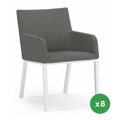 Set van 8 Rivo tuinstoelen in wit aluminium en textilene