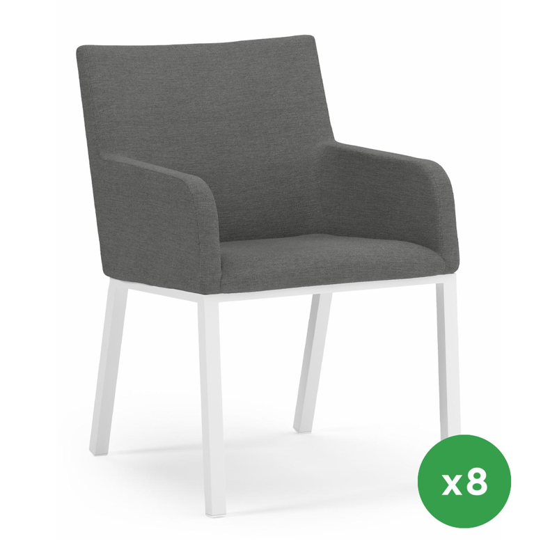 Set van 8 Rivo tuinstoelen in wit aluminium en textilene
