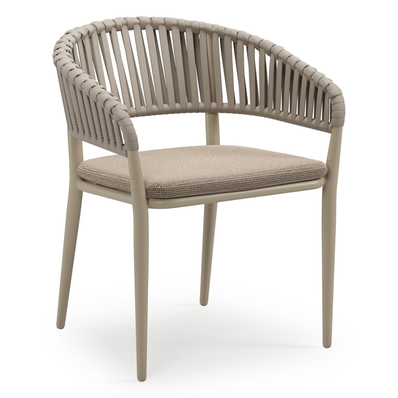 Tolfa stapelbare tuinstoel in beige aluminium en beige verticaal geweven luxe vlakke brede rope met stoelkussen in All Weather Solica Firenze Earth