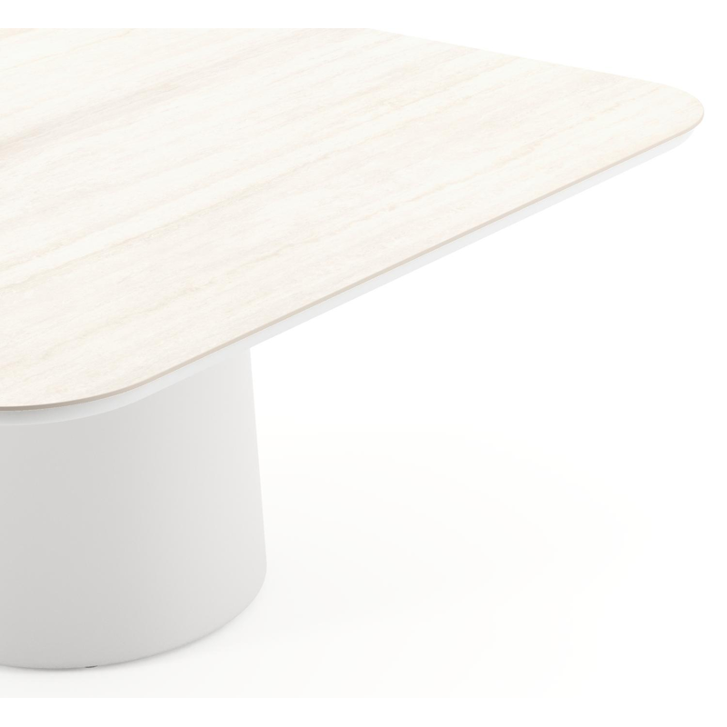 Amico tuintafel afgerond vierkant in wit aluminium en volkeramiek Travertino Bianco - L 148 x B 148 x H 73.5 cm