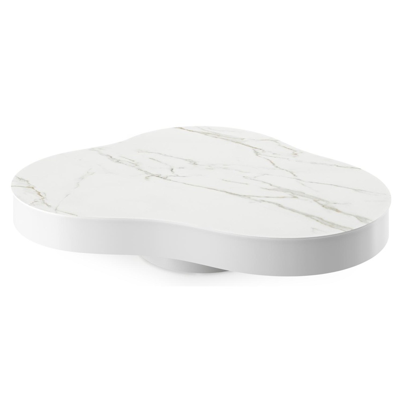 Table de basse Lomano en aluminium blanc et céramique pleine Calacatta - Lg. 131 x Lrg. 108 x Haut. 8 cm