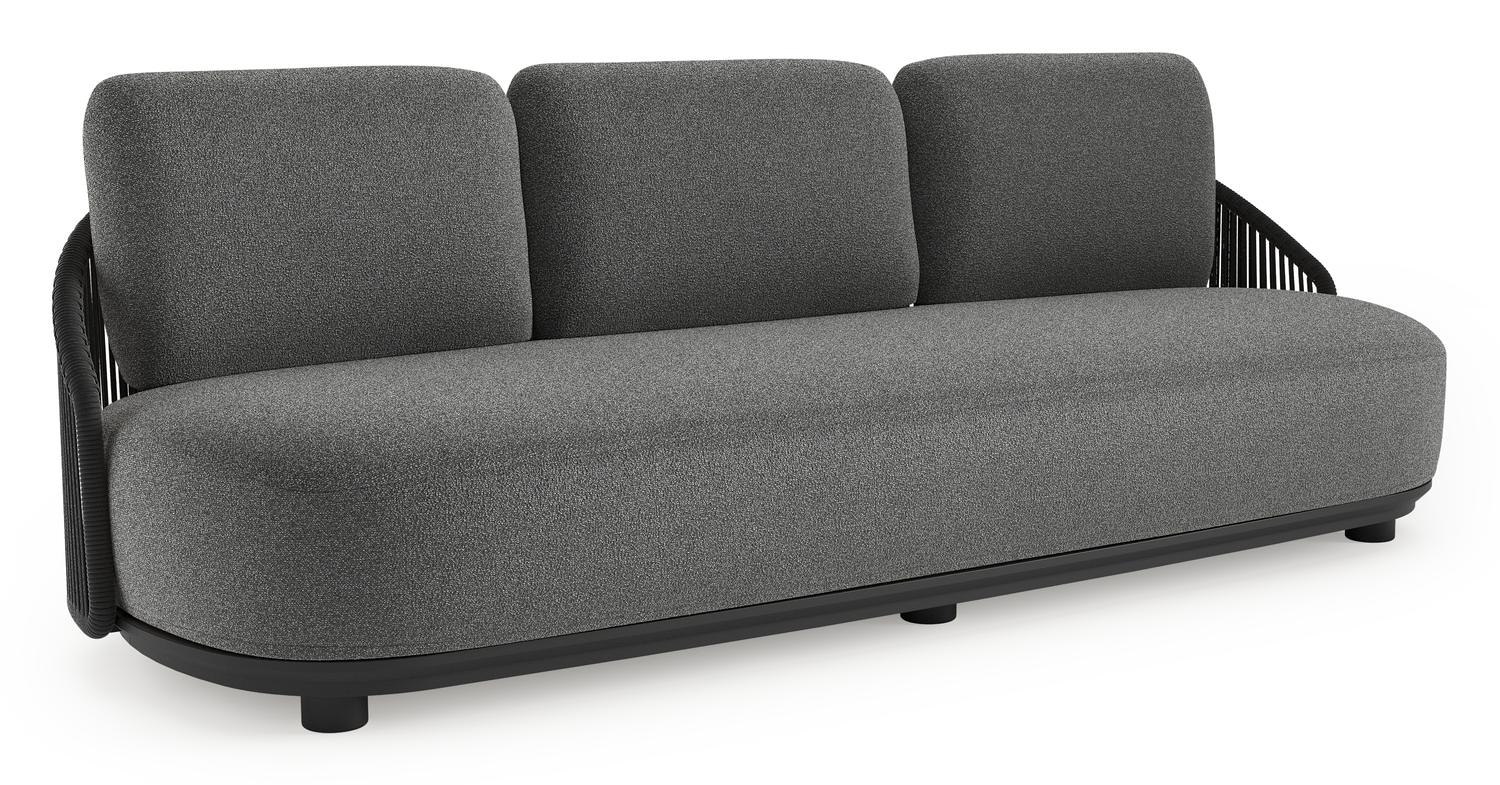 Canapé de jardin Vadelo en aluminium noir et corde ronde tissée verticalement noir et coussins en all weather cosytica catania black