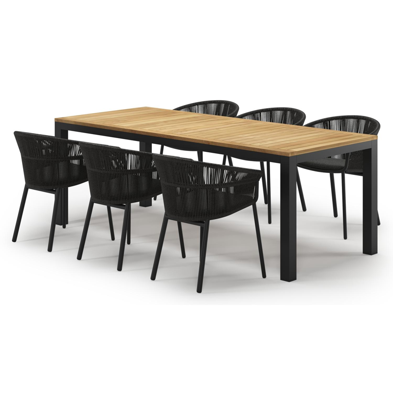 Varese tuinset in zwart aluminium en teak met 6 Matera tuinstoelen