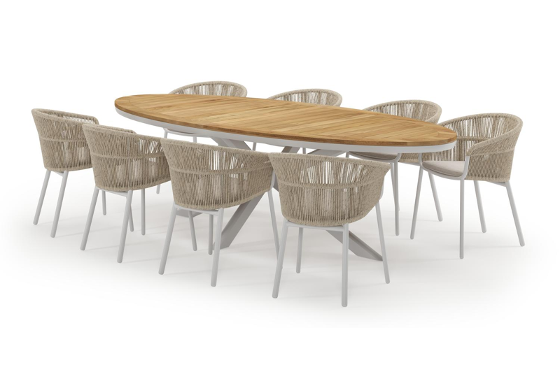 Pamplona ovale tuinset in wit aluminium en teak natural finish met 8 Matera tuinstoelen
