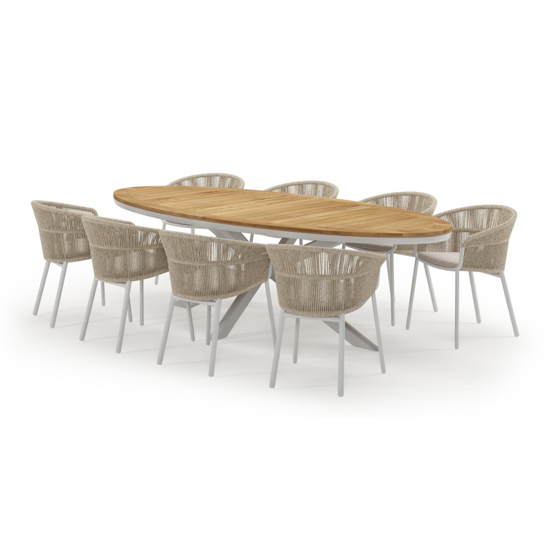 Pamplona ovale tuinset in wit aluminium en teak natural finish met 8 Matera tuinstoelen