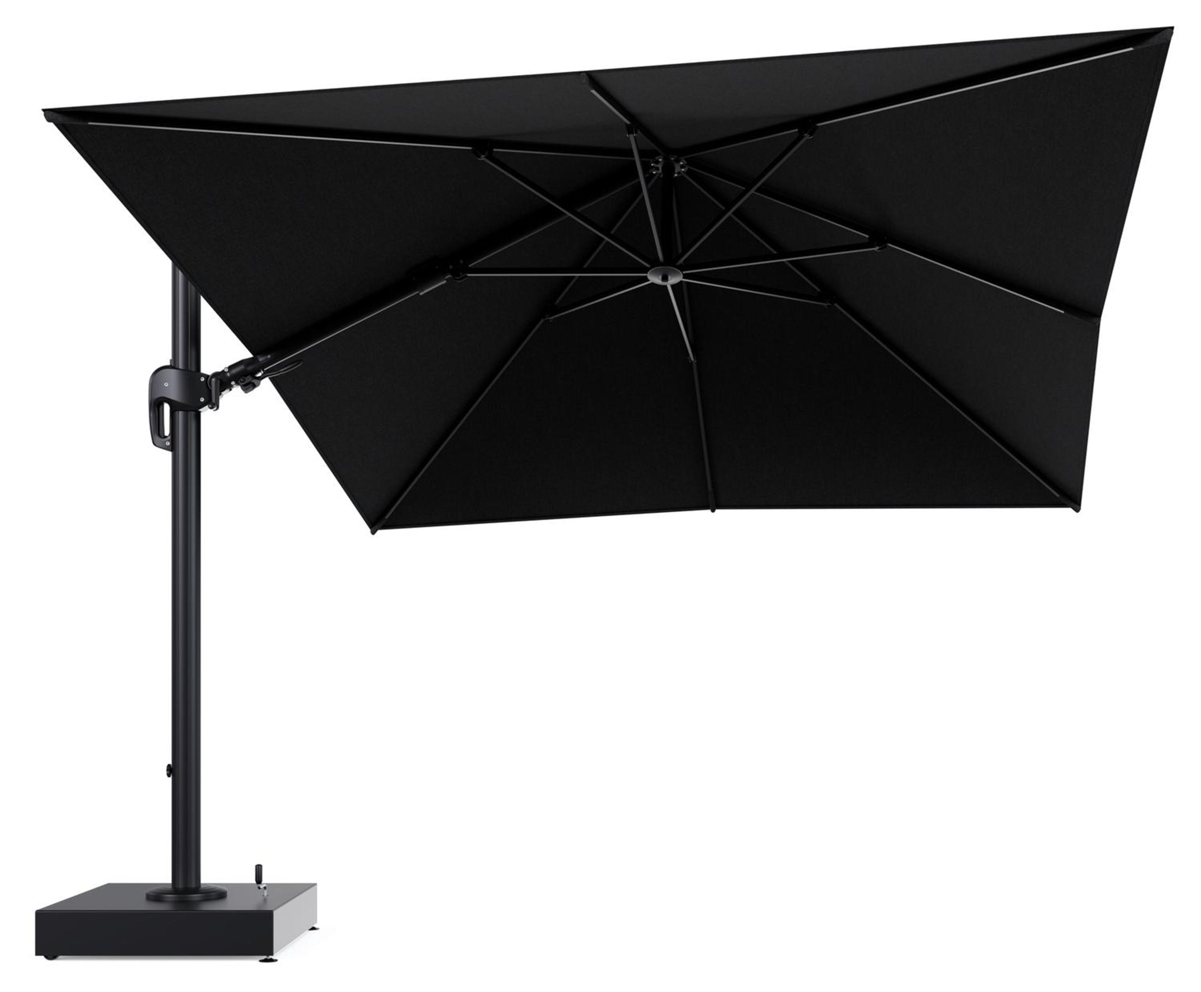 Rufina zweefparasol met tiltfunctie in zwart aluminium en Chartres Sooty All Weather Sunbrella® Luxe parasoldoek - L1 300 x L2 300 cm met parasolvoet Minore 150 kg met wielen