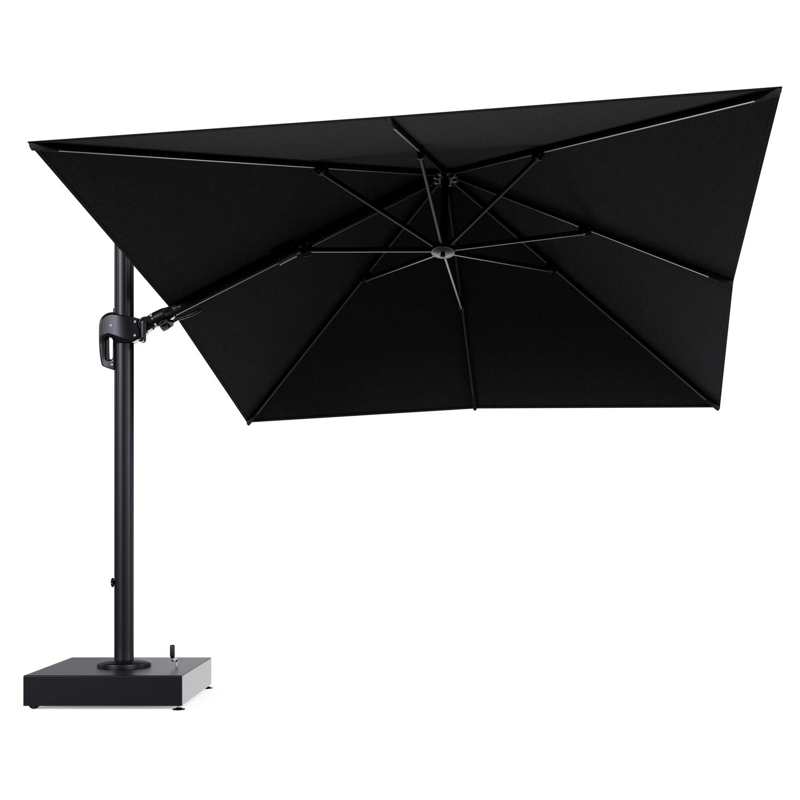 Rufina zweefparasol met tiltfunctie in zwart aluminium en Chartres Sooty All Weather Sunbrella® Luxe parasoldoek - L1 300 x L2 300 cm met parasolvoet Minore 150 kg met wielen
