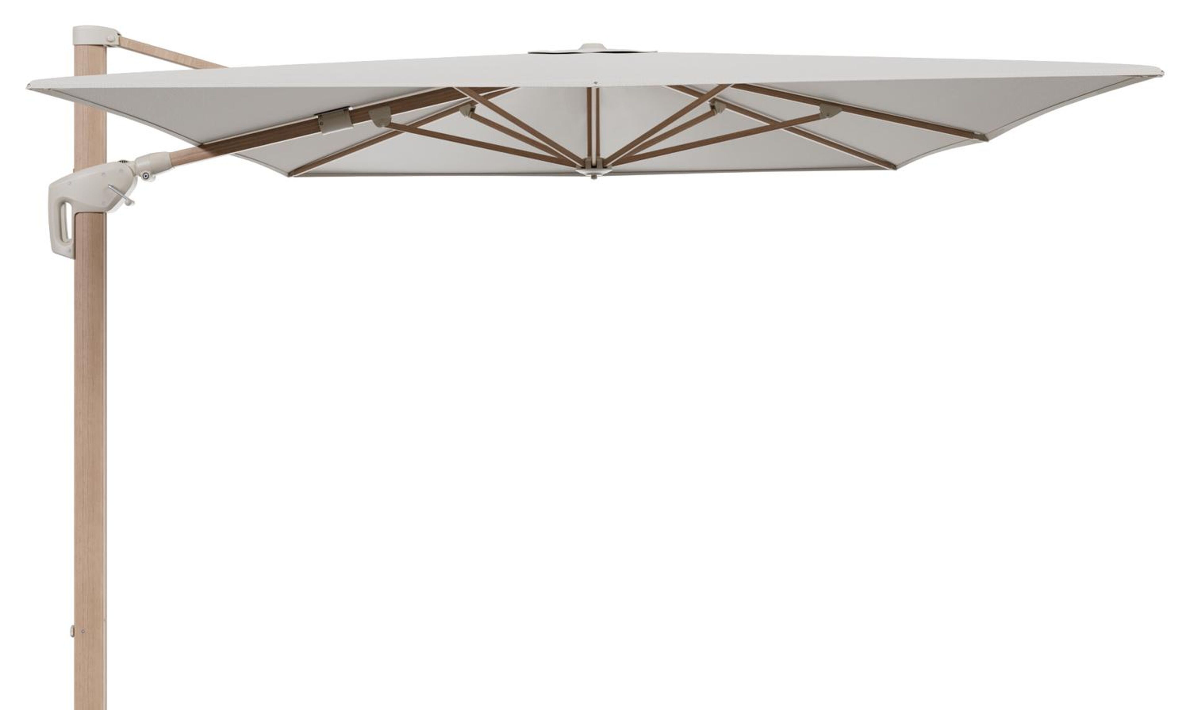 Minore zweefparasol met tiltfunctie in houtlook aluminium en Lopi Marble All Weather Sunbrella® Luxe parasoldoek - L1: 400 x L2: 300 cm (zonder voet)
